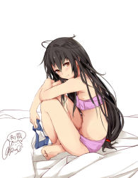 Rule 34 | 1girl, artist name, barefoot, bed sheet, black hair, blush, bra, brown eyes, character name, closed mouth, hair between eyes, hatsushimo (kancolle), holding, kantai collection, light smile, long hair, panties, pink bra, pink panties, rizzl, signature, simple background, solo, toes, underwear, underwear only, very long hair, white background