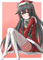 Rule 34 | 1girl, absurdres, black hair, dress, green eyes, hair ribbon, highres, i-47 (kancolle), kamaboko senshi, kantai collection, long hair, looking at viewer, low-tied long hair, official alternate costume, one-piece swimsuit, red dress, ribbon, santa costume, santa dress, school swimsuit, smile, solo, swimsuit, swimsuit under clothes, thighhighs, tress ribbon, white thighhighs