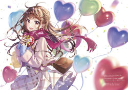 Rule 34 | 1girl, :d, bag, balloon, belt buckle, blush, box, brown eyes, brown hair, buckle, casual, commentary request, confetti, cowboy shot, floating hair, from side, gift, handbag, heart, heart-shaped box, heart balloon, holding, holding gift, jacket, long sleeves, looking at viewer, looking to the side, morikura en, one side up, open clothes, open jacket, open mouth, original, pink jacket, pink scarf, pink skirt, plaid, plaid skirt, scarf, shoulder bag, simple background, skirt, sleeves past wrists, smile, solo, translation request, white background, wind