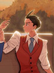 Rule 34 | 2boys, ace attorney, antenna hair, apollo justice, arm at side, autumn, blue necktie, brown eyes, brown hair, buttons, collared shirt, forked eyebrows, hand up, highres, lapel pin, lapels, looking to the side, male focus, marikmame, multiple boys, necktie, parted lips, phoenix wright, profile, red vest, shirt, short hair, sleeves rolled up, solo focus, sweat, upper body, vest, white shirt, wide-eyed