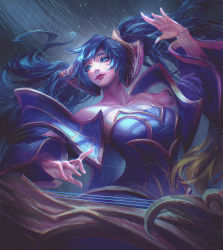 Rule 34 | 1girl, bare shoulders, blue dress, blue eyes, blue hair, blue sleeves, breasts, cleavage, collarbone, detached sleeves, dress, green eyes, grey background, hair ornament, highres, large breasts, league of legends, long hair, looking to the side, multicolored background, smile, solo, sona (league of legends), strapless, strapless dress, twintails, zoe (crownsforkings)