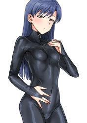 Rule 34 | 1girl, :o, black bodysuit, blue hair, blush, bodysuit, breasts, bridal gauntlets, brown eyes, covered navel, cowboy shot, earrings, half-closed eyes, hand on own chest, hand on own stomach, highres, idolmaster, idolmaster (classic), jewelry, kisaragi chihaya, latex, latex bodysuit, long hair, looking at viewer, nail polish, parted lips, pink nails, simple background, skin tight, small breasts, solo, tsurui, white background, zipper pull tab