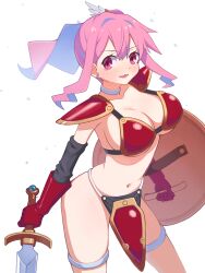 Rule 34 | 1girl, armor, bikini armor, breasts, cleavage, collar, cosplay, dragon quest, earrings, gloves, hibun tsukasa, highres, hozuki kaede, jewelry, large breasts, medium hair, navel, onii-chan wa oshimai!, pauldrons, pink eyes, pink hair, shield, shoulder armor, side ponytail, soldier (dq3), soldier (dq3) (cosplay), solo, sword, thigh strap, weapon