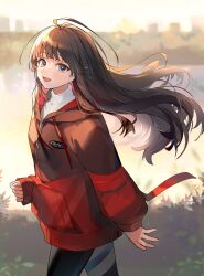 Rule 34 | 1girl, absurdres, arm at side, black pants, blurry, blurry background, brown hair, commentary request, cowboy shot, grey eyes, highres, jacket, long hair, long sleeves, looking at viewer, nijisanji, open mouth, outdoors, pants, red jacket, shirt, smile, solo, tsukino mito, tsukino mito (19th costume), tym taro, virtual youtuber, white shirt