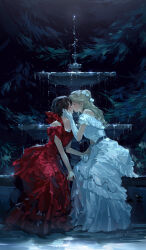 Rule 34 | 2girls, black hair, blonde hair, closed eyes, dress, elbow gloves, face-to-face, facing another, fountain, from side, gloves, hand on another&#039;s face, highres, imminent kiss, long dress, long hair, multiple girls, original, red dress, rrr (reason), short hair, short sleeves, sitting, twitter username, white dress, white gloves, yuri