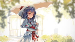 Rule 34 | 1girl, capelet, curiosities of lotus asia, dress, hat, highres, holding, holding umbrella, light purple hair, long sleeves, looking at viewer, mob cap, newnand, no wings, outdoors, red eyes, remilia scarlet, short hair, smile, solo, touhou, umbrella, white dress
