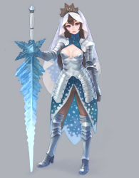 Rule 34 | 1girl, armor, blue eyes, breasts, brown hair, brown pantyhose, cleavage, cleavage cutout, clothing cutout, dress, full body, gauntlets, greaves, knight, lipstick, makeup, original, pantyhose, pauldrons, print dress, sabatons, shoulder armor, simple background, snow white, solo, standing, sword, vambraces, veil, weapon, weno