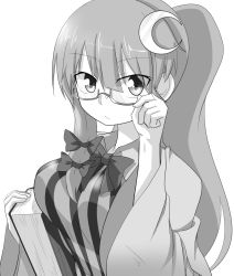 Rule 34 | 1girl, adjusting eyewear, alternate hairstyle, asymmetrical hair, bad id, bad pixiv id, bespectacled, book, bow, bowtie, breasts, crescent, crescent hair ornament, dress, glasses, greyscale, hair bow, hair ornament, highres, holding, holding book, large breasts, long hair, long sleeves, looking at viewer, monochrome, one-hour drawing challenge, patchouli knowledge, ponytail, semi-rimless eyewear, solo, striped clothes, striped dress, sumiya nadateru, touhou, under-rim eyewear, upper body, vertical-striped clothes, vertical-striped dress, wide sleeves