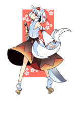Rule 34 | 1girl, animal ears, black skirt, border, brown footwear, closed mouth, detached sleeves, floral background, from behind, full body, geta, hat, haya taro pochi, holding, holding sword, holding weapon, inubashiri momiji, looking at viewer, looking back, orange background, pom pom (clothes), red eyes, red hat, ribbon-trimmed sleeves, ribbon trim, shirt, short hair, skirt, socks, solo, sword, tail, tengu-geta, tokin hat, touhou, weapon, white border, white hair, white shirt, white socks, wide sleeves, wolf ears, wolf tail