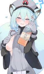 Rule 34 | 1girl, animal ears, blue archive, blue halo, blush, bottle, breasts, capelet, cowboy shot, fur hat, gloves, green hair, grey capelet, grey gloves, halo, hat, highres, holding, holding bottle, large breasts, long sleeves, looking at viewer, medium hair, mikozin, open mouth, purple eyes, shigure (blue archive), simple background, smile, solo, tail, ushanka, weasel ears, weasel tail, white background