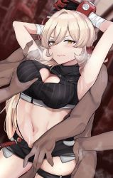 Rule 34 | 1girl, 3boys, armpits, arms up, ass grab, bandages, blonde hair, breasts, cleavage, cleavage cutout, clothing cutout, copyright request, dark skin, disembodied hand, gloves, grabbing, grabbing another&#039;s breast, groping, highres, long hair, molestation, multigrope, multiple boys, navel, nijisanji, nui sociere, nui sociere (5th costume), punipunitoufu, short shorts, shorts, steam, virtual youtuber, yellow eyes