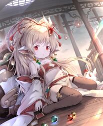 Rule 34 | 1girl, animal ears, bandeau, bare shoulders, beads, bird, black thighhighs, blonde hair, card, chicken, commentary request, detached sleeves, earrings, gem, granblue fantasy, hair beads, hair ornament, hand on own stomach, harvin, highres, jewelry, khell, long hair, looking at viewer, mahira (granblue fantasy), marble (toy), midriff, navel, no shoes, pelvic curtain, playing card, ponytail, red eyes, sitting, solo, thighhighs, thighs, wariza, white sleeves, wooden floor