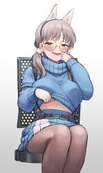 Rule 34 | 1girl, absurdres, animal ears, belt pouch, blue archive, blue skirt, blue sweater, blush, boots, breasts, clothes lift, fake animal ears, glasses, grey-framed eyewear, hair ornament, highres, large breasts, light brown hair, long hair, looking at viewer, moe (blue archive), okamen, open mouth, pantyhose, pom pom (clothes), pom pom hair ornament, pouch, rabbit ears, resolution mismatch, round eyewear, sitting, skirt, smile, solo, source smaller, suspender skirt, suspenders, sweater, sweater lift, turtleneck, turtleneck sweater, twintails, two-tone skirt, underboob, white skirt, yellow eyes