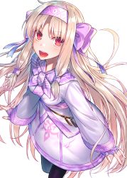 Rule 34 | 1girl, :d, ainu clothes, black pantyhose, blush, bow, breasts, commentary request, fate/grand order, fate (series), fingerless gloves, gloves, hair bow, hair tubes, hairband, hakuishi aoi, illyasviel von einzbern, light brown hair, long hair, long sleeves, looking at viewer, open mouth, pantyhose, parted bangs, pink hairband, purple bow, purple gloves, red eyes, sidelocks, sitonai (fate), sleeves past wrists, small breasts, smile, solo, teeth, upper teeth only, very long hair