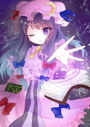 Rule 34 | 1girl, blue bow, blue ribbon, blunt bangs, book, bow, capelet, coat, commentary request, cowboy shot, crescent, crescent hat ornament, doko ka no hosono, double bun, dress, hair bow, hair bun, hat, hat ornament, hat ribbon, highres, long hair, looking at viewer, magic, magic circle, mob cap, multi-tied hair, one eye closed, open mouth, outstretched hand, patchouli knowledge, pink capelet, pink coat, pink hat, purple dress, purple eyes, purple hair, red bow, red ribbon, ribbon, solo, striped clothes, striped dress, touhou, vertical-striped clothes, vertical-striped dress, yellow bow, yellow neckwear