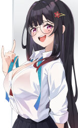 Rule 34 | 1girl, :d, absurdres, band (skymole01), black hair, black skirt, blush, bra, breasts, cleavage, commentary, facial mark, glasses, hair ornament, highres, honkai: star rail, honkai (series), large breasts, long hair, long sleeves, looking at viewer, nail polish, open mouth, pink eyes, pleated skirt, red bra, red nails, shirt, skirt, smile, solo, sparkle (honkai: star rail), underwear, upper body, very long hair, white shirt