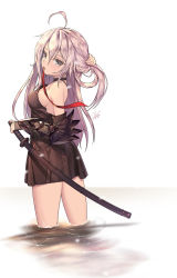 Rule 34 | 1girl, adjusting hair, ahoge, artist name, bare shoulders, black skirt, blush, breasts, closed mouth, dduck kong, eyebrows, from behind, grey eyes, hand on hilt, highres, holding, holding sword, holding weapon, long hair, looking at viewer, looking back, medium breasts, original, sheath, sheathed, sideboob, signature, silver hair, skirt, solo, standing, sword, weapon