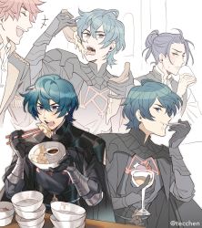 Rule 34 | 3boys, armor, black armor, blue eyes, blue hair, bowl, byleth (fire emblem), byleth (male) (fire emblem), chopsticks, chopsticks in mouth, closed eyes, cup, drinking glass, dumpling, eating, felix hugo fraldarius, fire emblem, fire emblem: three houses, food, garreg mach monastery uniform, holding, holding bowl, holding food, holding pizza, multiple boys, nintendo, open mouth, pizza, red hair, sauce, simple background, soy sauce, sylvain jose gautier, tecchen, uniform, white background, wine glass
