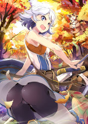 Rule 34 | 10s, 1girl, ass, bag, bare shoulders, bike shorts, blue eyes, breasts, cameltoe, covered erect nipples, farrah (granblue fantasy), forest, from behind, granblue fantasy, looking at viewer, looking back, looking down, nature, open mouth, short hair, sideboob, smile, solo, sword, weapon, white hair