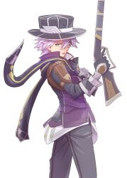Rule 34 | 1boy, blue scarf, copyright request, from side, gloves, gun, hair between eyes, hat, high collar, highres, holding, holding gun, holding weapon, hummel (ys), jacket, light purple hair, looking at viewer, looking to the side, male focus, pants, parted lips, rifle, scarf, simple background, solo, standing, sumiyao (amam), top hat, trigger discipline, weapon, white background, ys