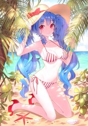 Rule 34 | 1girl, bangle, bare legs, beach, bikini, blue hair, blush, bracelet, breasts, cleavage, conch, day, full body, hand on headwear, hat, high heels, holding, horizon, jewelry, kneeling, long hair, looking at viewer, luthica preventer, no navel, no socks, ocean, outdoors, palm tree, red eyes, red footwear, ronopu, seashell, shell, shoes, side-tie bikini bottom, sky, smile, solo, starfish, strap gap, striped bikini, striped clothes, sun hat, sunlight, swimsuit, sword girls, tree, twintails, vertical-striped bikini, vertical-striped clothes, very long hair