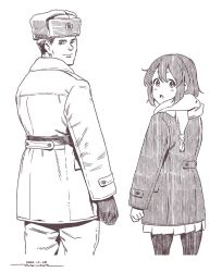 Rule 34 | 1boy, 1girl, brown theme, closed mouth, commentary request, dated, from behind, fur hat, hair ornament, hairclip, hat, hirasawa yui, horikou, k-on!, long sleeves, looking at viewer, looking back, miniskirt, pantyhose, parted lips, pleated skirt, scarf, short hair, signature, skirt, smile, soldier, soviet army, standing, ushanka