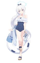 Rule 34 | 1girl, 2t (vmyz7342), absurdres, bag, bare legs, bare shoulders, blue archive, blue halo, blue one-piece swimsuit, blush, bow, chinese commentary, collarbone, commentary request, covered navel, feet, frilled one-piece swimsuit, frills, full body, gluteal fold, hair between eyes, hair bow, halo, high ponytail, highres, holding, holding bag, holding sweater, impossible clothes, impossible swimsuit, innertube, legs, long hair, looking at viewer, miyako (blue archive), miyako (swimsuit) (blue archive), official alternate costume, one-piece swimsuit, ponytail, purple eyes, ribbon, sandals, simple background, smile, solo, standing, swim ring, swimsuit, toenails, toes, transparent bag, very long hair, white background, white hair