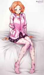 Rule 34 | 1girl, artist name, blush, brown eyes, commentary, dated, highres, layered sleeves, long sleeves, mina cream, no shoes, okumura haru, orange hair, pantyhose, persona, persona 5, pink sweater, plaid, plaid skirt, ribbed sweater, school uniform, short over long sleeves, short sleeves, shuujin academy school uniform, skirt, solo, sweater, white pantyhose