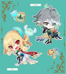 Rule 34 | 2boys, absurdres, alhaitham (genshin impact), blonde hair, blush, book, boots, character name, chibi, closed mouth, detached sleeves, earrings, feather hair ornament, feathers, genshin impact, green eyes, green hair, grey hair, hair between eyes, hair ornament, highres, holding, holding book, jewelry, kaveh (genshin impact), key, male focus, mehrak (genshin impact), multicolored hair, multiple boys, open mouth, pants, reading, red eyes, simple background, slime (creature), teru2307, vision (genshin impact)