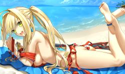 Rule 34 | 1girl, :d, ahoge, anklet, ass, bare shoulders, barefoot, beach, bikini, breast rest, breasts, crossed legs, day, earrings, fate/grand order, fate (series), feet, from side, green eyes, hair intakes, highres, horizon, jewelry, kawanakajima, large breasts, legs up, long hair, looking at viewer, lying, nero claudius (fate), nero claudius (fate) (all), nero claudius (swimsuit caster) (fate), on stomach, open mouth, outdoors, side-tie bikini bottom, sideboob, sidelocks, smile, solo, striped bikini, striped clothes, swimsuit, tanning oil, toe scrunch, toes, twintails, underbust, untied, very long hair