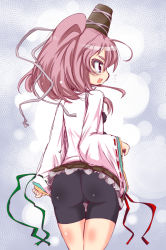 Rule 34 | 1girl, alternate color, ass, bike shorts, blush, cameltoe, female focus, gradient background, hat, japanese clothes, kariginu, long hair, mononobe no futo, muuba, open mouth, pink hair, player 2, ponytail, purple eyes, skirt, smile, solo, tate eboshi, touhou, white background