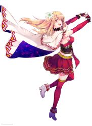 Rule 34 | 1girl, blonde hair, cape, fina (ffbe), final fantasy, final fantasy brave exvius, fingerless gloves, flower, from side, full body, gloves, hair flower, hair ornament, highres, interlocked fingers, leg up, looking at viewer, looking back, medium hair, open mouth, red thighhighs, smile, solo, starry sky print, stretching, tarutaru yamaoka, teeth, thighhighs, upper teeth only, white background, white cape, white footwear