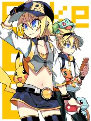 Rule 34 | 10s, 1boy, 1girl, 3:, :3, :d, :o, adapted costume, animal, animal on head, arms up, backpack, bag, baseball cap, belt, black gloves, black pants, black shorts, black thighhighs, blonde hair, blue eyes, blush, bra, breath weapon, breathing fire, bulbasaur, cellphone, charmander, choker, clothes writing, collarbone, copyright name, cosplay, cowboy shot, creatures (company), cropped jacket, crossover, earclip, eyebrows, fangs, female protagonist (pokemon go), female protagonist (pokemon go) (cosplay), fingerless gloves, fire, flat chest, flipped hair, game freak, gen 1 pokemon, gloves, hair between eyes, hand on headwear, hat, highleg, highleg panties, holding, holding phone, holding poke ball, hood, hoodie, kagamine len, kagamine rin, leg grab, looking away, low ponytail, male protagonist (pokemon go), male protagonist (pokemon go) (cosplay), matching outfits, midriff, navel, negi (ulog&#039;be), nintendo, on head, open mouth, panties, pants, phone, pikachu, poke ball, poke ball (basic), pokemon, pokemon (creature), pokemon go, pokemon on head, shade, short hair, short shorts, shorts, sleeves past elbows, smile, squirtle, starter pokemon trio, stomach, thighhighs, twitter username, underwear, visor cap, vocaloid, white background, wristband, yellow bra, yellow panties, zipper