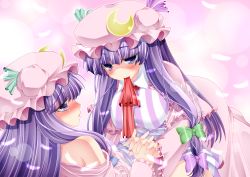 Rule 34 | 2girls, bare shoulders, blush, bow, breasts, dual persona, eye contact, feathers, female focus, girl on top, hair bow, holding hands, hat, iganseijin, large breasts, long hair, looking at another, lying, mouth hold, multiple girls, naughty face, no nose, off shoulder, patchouli knowledge, purple eyes, purple hair, selfcest, striped, touhou, yuri