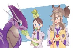 Rule 34 | 1boy, 1girl, arven (pokemon), blue eyes, blush, braid, breast pocket, bright pupils, brown hair, collared shirt, commentary request, creatures (company), eating, game freak, gen 8 pokemon, grey shirt, highres, hime (himetya105), holding, holding knife, juliana (pokemon), knife, lettuce, logo, miraidon, mouth hold, necktie, nintendo, on head, open clothes, open mouth, open vest, peeling, pocket, pokemon, pokemon (creature), pokemon on head, pokemon sv, purple necktie, school uniform, shirt, short sleeves, skwovet, smoliv, vest, white pupils, yellow vest