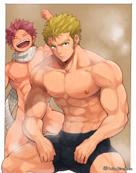 Rule 34 | 2boys, abs, bara, blonde hair, blush, boxers, bulge, completely nude, convenient arm, fairy tail, laxus dreyar, long sideburns, male focus, male underwear, multiple boys, muscular, muscular male, naked scarf, natsu dragneel, navel, nipples, nude, pectorals, scar, scar across eye, scar on face, scarf, short hair, sideburns, sitting, smile, spread legs, steam, stomach, toned, toned male, torakichi (ebitendon), underwear, underwear only