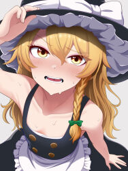 Rule 34 | 1girl, arm at side, arm up, bare arms, bare shoulders, blonde hair, blush, bow, braid, breasts, collarbone, downblouse, dress, fingernails, from above, furrowed brow, green bow, hair between eyes, hair bow, hand on headwear, hat, highres, kirisame marisa, kisaragi koushi, long hair, looking at viewer, looking up, low-tied long hair, nose blush, parted bangs, petite, raised eyebrow, side braid, single braid, sleeveless, sleeveless dress, small breasts, solo, sweat, touhou, very long hair, witch hat, yellow eyes