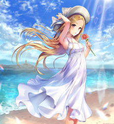 Rule 34 | 1girl, adjusting clothes, adjusting headwear, arm up, armpits, beach, blonde hair, blush, cloud, cloudy sky, collarbone, commentary request, cowboy shot, dress, esphy, flower, hat, holding, holding flower, lighthouse, long hair, looking at viewer, ocean, original, parted bangs, parted lips, rainbow, red eyes, see-through silhouette, shore, silhouette, sky, solo, standing, summer, sunlight, white dress