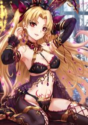 Rule 34 | 1girl, animal ears, arms up, artist name, bare shoulders, between breasts, black bra, black legwear, black panties, blonde hair, blurry, blurry background, blush, bra, breasts, chain, cleavage, earrings, ereshkigal (fate), eyelashes, fate/grand order, fate (series), gem, gold trim, halterneck, high heels, highres, infinity symbol, jewelry, long hair, looking at viewer, lots of jewelry, medium breasts, nail polish, navel, panties, parted bangs, parted lips, pubic tattoo, rabbit ears, red eyes, red ribbon, ribbon, sakiyamama, signature, sitting, smile, solo, sparkle, stomach tattoo, tattoo, thighs, tiara, two side up, underwear, wariza