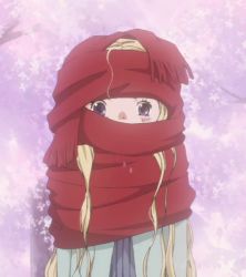 Rule 34 | 00s, 1girl, arms at sides, blonde hair, blue jacket, blush, covered mouth, fringe trim, hanamoto hagumi, honey and clover, jacket, long hair, looking at viewer, non-web source, open clothes, open jacket, purple eyes, red scarf, scarf, screencap, solo, tree, upper body, wavy hair