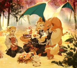 Rule 34 | 2boys, blonde hair, blue eyes, campfire, cape, charizard, claws, closed mouth, creature, creatures (company), crossover, fennekin, fire, flame-tipped tail, flareon, forked eyebrows, fyfyluker, game freak, gen 1 pokemon, gen 3 pokemon, gen 6 pokemon, gen 7 pokemon, gen 8 pokemon, holding, jacket, japanese clothes, kimetsu no yaiba, litten, long hair, long sleeves, male focus, multicolored eyes, multicolored hair, multiple boys, multiple tails, nintendo, open mouth, outdoors, pokemon, pokemon (creature), power connection, red eyes, red hair, rengoku kyoujurou, rengoku senjurou, scorbunny, smile, tail, torchic, two-tone hair, vulpix, wings, yellow eyes