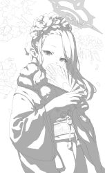 Rule 34 | 1girl, absurdres, blue archive, branch, flower, fur collar, greyscale, hair flower, hair ornament, halo, hand fan, highres, holding, holding fan, japanese clothes, jiryu50610218, kimono, looking at viewer, monochrome, mutsuki (blue archive), mutsuki (new year) (blue archive), obi, official alternate costume, petals, sash, sketch, solo, tassel, wide sleeves