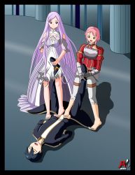Rule 34 | 1boy, 2girls, administrator (sao), arlioth, artist name, barefoot, bulge, denki anma, double footjob, erection, erection under clothes, feet, footjob, footjob over clothes, highres, kirito, lisbeth (sao-alo), long hair, multiple girls, open mouth, purple eyes, purple hair, quinella, short hair, stepped on, sword art online, toes, trample