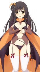 Rule 34 | 1girl, bat hair ornament, bikini, black bikini, black cloak, black hair, blunt ends, blush, breasts, cleavage, cloak, commentary, curvy, detached sleeves, feet out of frame, garter straps, gluteal fold, groin, hair between eyes, hair ornament, halloween costume, hands up, highres, komatsu (sakanae), large breasts, long hair, looking at viewer, navel, official alternate costume, official alternate hairstyle, one side up, open mouth, orange cloak, red ribbon, ribbon, sanoba witch, side-tie bikini bottom, simple background, sleeves past wrists, smile, solo, standing, straight-on, straight hair, swimsuit, thighhighs, togakushi touko, two-sided cloak, two-sided fabric, white background, white thighhighs, yellow eyes