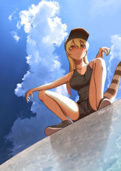 Rule 34 | 1girl, alternate costume, arm rest, bare arms, bare legs, bare shoulders, baseball cap, black camisole, black shorts, blonde hair, blush, camisole, casual, closed mouth, collarbone, contemporary, day, from below, full body, hat, highres, kashisu mint, kemono friends, king cobra (kemono friends), long hair, looking at viewer, looking down, multicolored eyes, multicolored hair, nose blush, orange eyes, outdoors, outstretched arms, pink hair, shoes, short shorts, shorts, sky, snake tail, solo, spread legs, squatting, sweat, tail, two-tone hair, yellow eyes