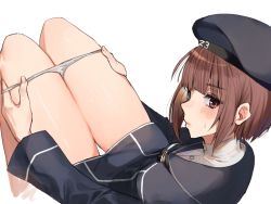 Rule 34 | 1girl, bad id, bad pixiv id, bad twitter id, black dress, black headwear, black sailor collar, blunt bangs, blush, brown eyes, brown hair, character name, closed mouth, commentary, dress, from behind, inusaka, kantai collection, knees up, looking at viewer, panties, panty pull, profile, pulling own clothes, sailor collar, sailor dress, short dress, simple background, solo, thigh gap, thighs, underwear, undressing, white background, z3 max schultz (kancolle)