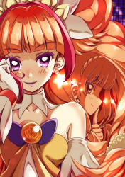 Rule 34 | 2girls, :d, amanogawa kirara, bare shoulders, blush, brooch, brown hair, collarbone, cure twinkle, earrings, eyelashes, finger to mouth, gloves, go! princess precure, headband, jewelry, long hair, looking at viewer, magical girl, multicolored hair, multiple girls, naruse yasuhiro, open mouth, orange hair, precure, purple eyes, quad tails, red hair, ribbon, smile, star (symbol), star earrings, streaked hair, time paradox, twintails, two-tone hair, upper body