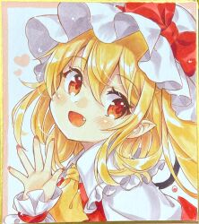 Rule 34 | 1girl, :d, ascot, blonde hair, bow, commentary request, fang, flandre scarlet, frilled shirt collar, frills, hand up, hat, hat bow, heart, highres, looking at viewer, medium hair, mimi (mimi puru), nail polish, open mouth, pointy ears, red bow, red eyes, red nails, shikishi, simple background, smile, solo, touhou, traditional media, wrist cuffs, yellow ascot