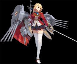 Rule 34 | 1girl, azur lane, bcat, belt, black background, black skirt, blonde hair, cannon, cape, closed mouth, commentary request, earrings, epaulettes, full body, gloves, hand on own hip, high heels, holding, holding sword, holding weapon, jacket, jewelry, long sleeves, looking to the side, machinery, medium hair, miniskirt, pleated skirt, prince of wales (warship girls r), rapier, red jacket, simple background, skirt, solo, standing, sword, thighhighs, walking, weapon, white gloves, white thighhighs