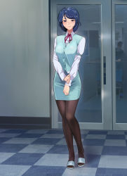 Rule 34 | 1girl, blue eyes, blue hair, blush, breasts, brown pantyhose, buttons, door, full body, green skirt, green vest, highres, indoors, large breasts, long sleeves, looking at viewer, mole, mole under eye, neck ribbon, original, own hands together, pantyhose, pink ribbon, ribbon, sandals, shiny clothes, shirt, short hair, skirt, solo, standing, vest, white shirt, yewang19